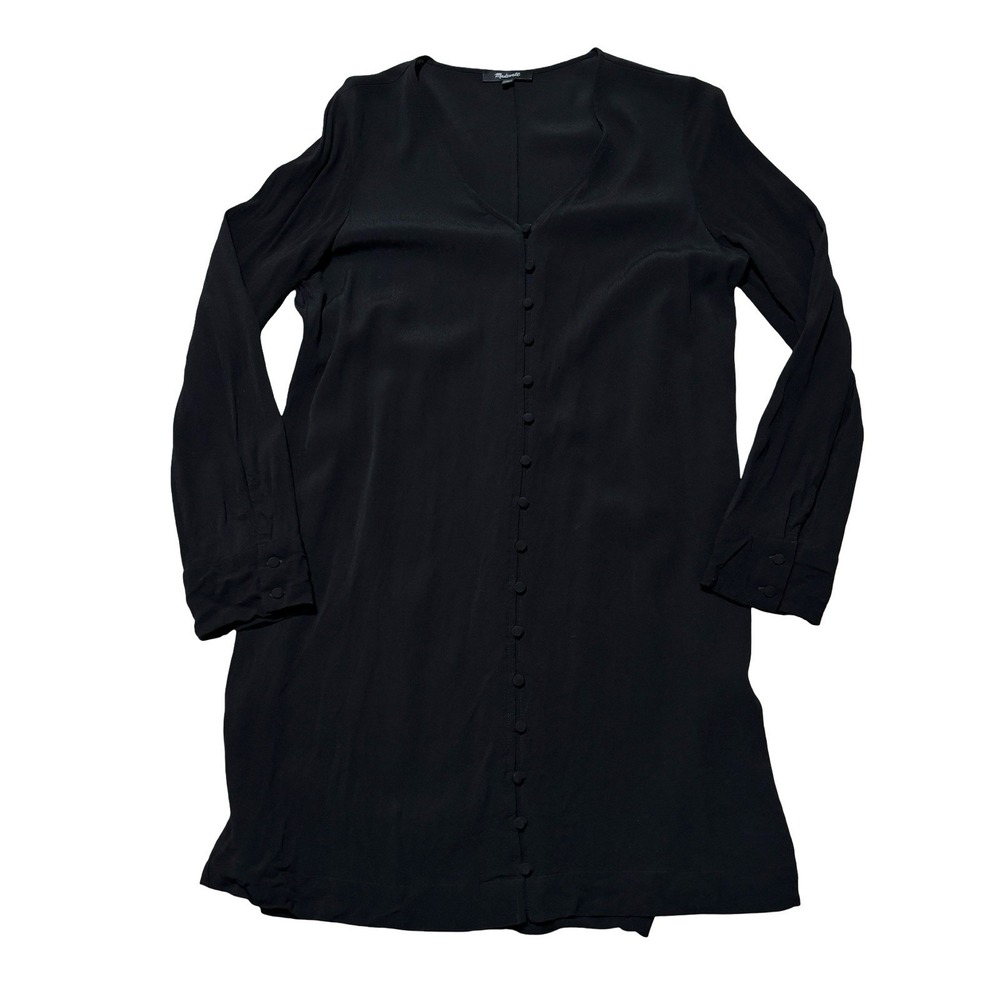 Madewell Heather Button Front Long Sleeve Shift Dress Black V-Neck Sz LG 18 x 35